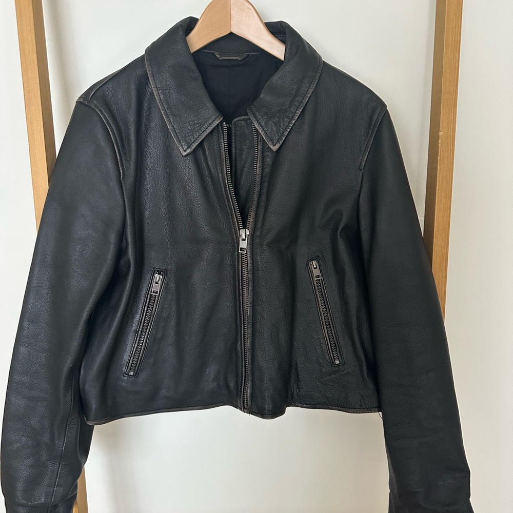 Zara Black Leather Cropped Jacket with Zipper